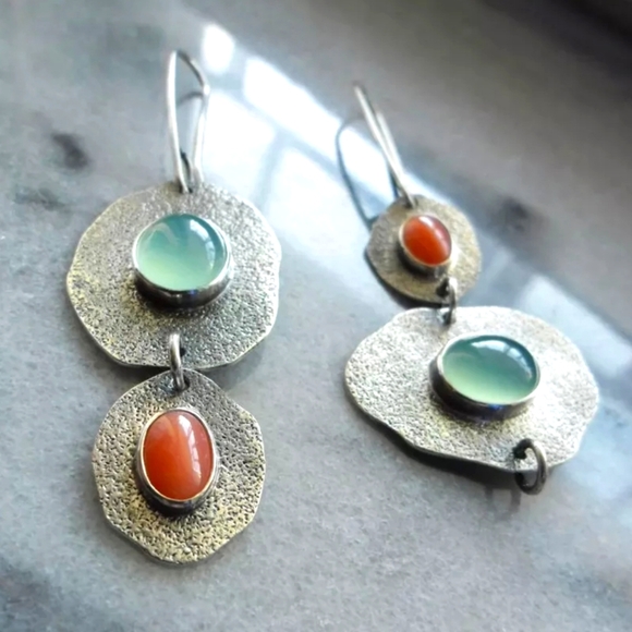 Geo Vintage Silver Metal Earrings Bohemian Dangle Ethnic Tribal - Picture 2 of 3